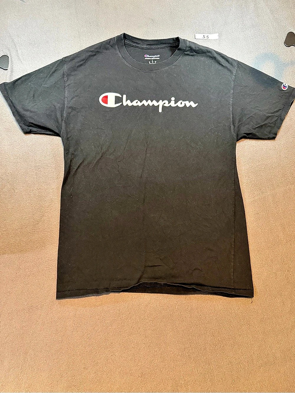 Champion Classic Script Logo T-Shirt Men's Black Short Sleeve Tee Size Large